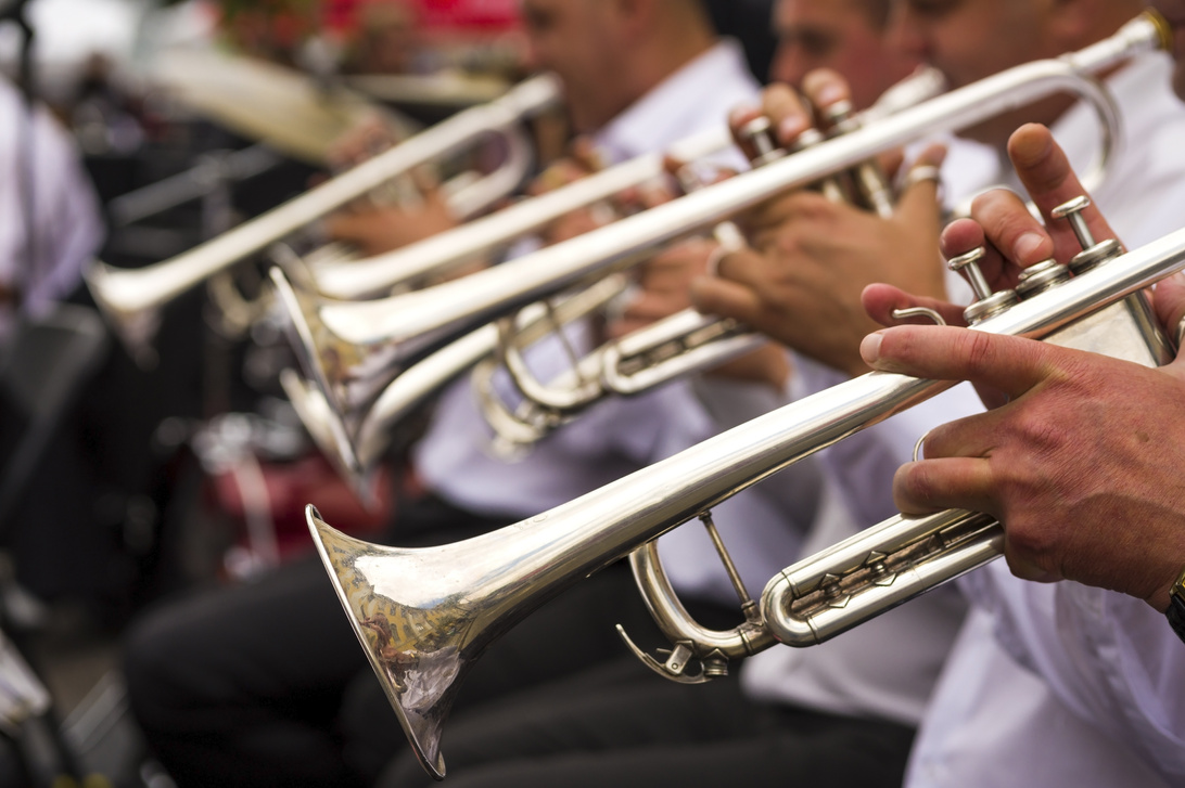 Wind instruments. Hands on musical instruments. Musicians play p